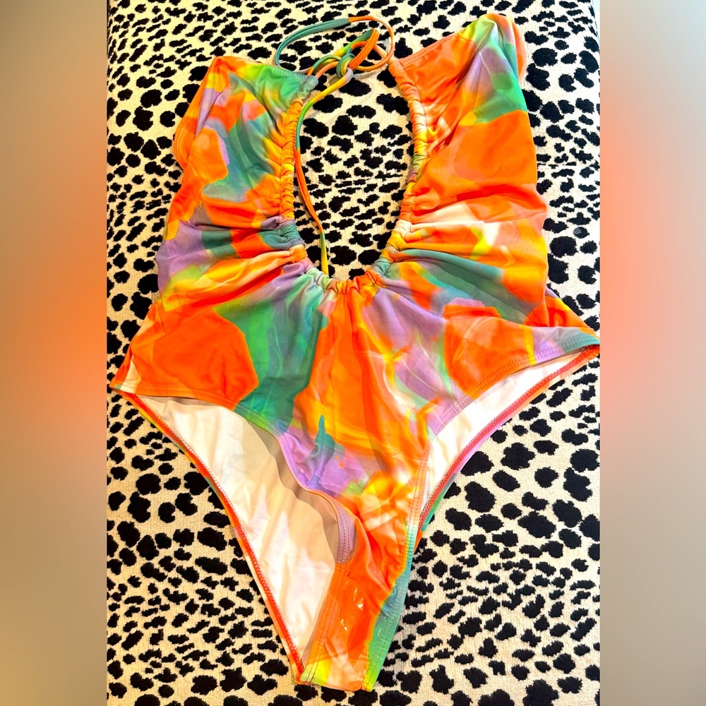 Multicolor Abstract Cut-Out One-Piece Swimsuit | Ruched Tie Neck | Swim